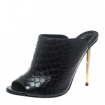 مملوكة مسبقًا Tom Ford Black Python Leather Peep Toe Mules Size 38