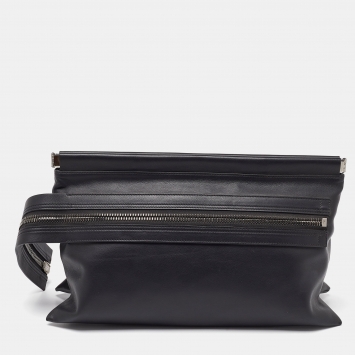 Pre Owned Tom Ford Dark Grey Leather Zip Detail Clutch