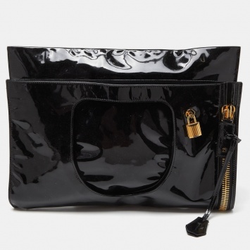 Pre Owned Tom Ford Black Patent Leather Alix Fold Over Oversize Clutch