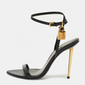 Pre Owned Tom Ford Black Leather Padlock Ankle Strap Sandals Size 37.5