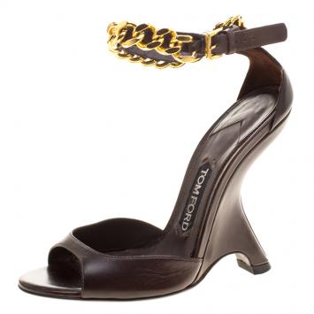 Pre Owned Tom Ford Choco Brown Leather Chain Embellished Ankle Strap Wedge Sandals Size 37