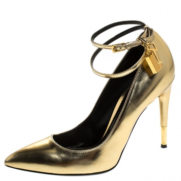 Pre Owned Tom Ford Gold Patent Leather Padlock Ankle Wrap Pointed Toe Pumps Size 39