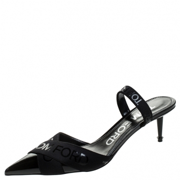 Pre Owned Tom Ford Black Patent Leather And Stretch Fabric Printed Logo Slingback Sandals Size 38.5