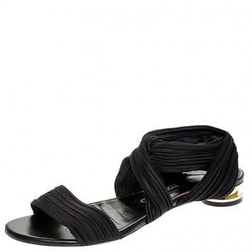 Pre Owned Tom Ford Black Plisse Satin Open Toe Flat Sandals Size 39