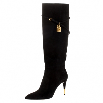 Pre Owned Tom Ford Black Suede Leather Lock Strap Knee Length Boots Size 40