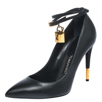 Pre Owned Tom Ford Grey Leather Padlock Ankle-Wrap Pointed Toe Pumps Size 39