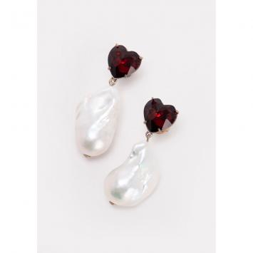 Pre Owned Tory Burch Red Crystal Heart and Pearl Drop Earrings