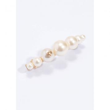 Pre Owned Tory Burch Gold Logo Pearl Hair Clip
