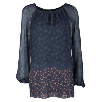 Pre Owned Tory Burch Timberwolf Blue Printed Silk Long Sleeve Fairmont Border Lisa Blouse M