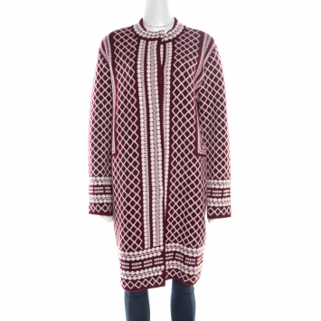 Pre Owned Tory Burch Red and White Patterned Jacquard Merino Wool Long Cardigan M