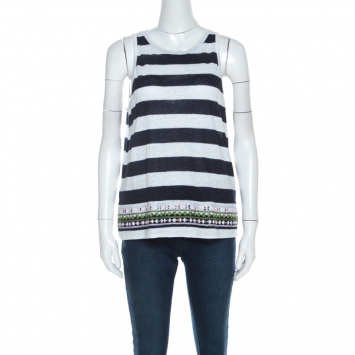 Pre Owned Tory Burch Navy Blue Brushed Stripe Linen Sequined Jackie Tank Top M