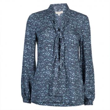 Pre Owned Tory Burch Blue Floral Printed Silk Long Sleeve Nicki Bow Blouse S