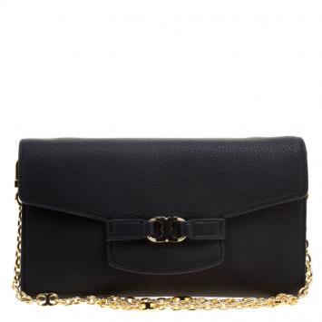 Pre Owned Tory Burch Black Leather Gemini Link Chain Clutch