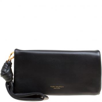 Pre Owned Tory Burch Black Leather Beau Wristlet