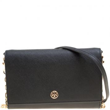 Pre Owned Tory Burch Black Leather Robinson Chain Clutch