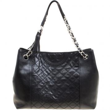 Pre Owned Tory Burch Black Distreesed Leather Fleming Tote