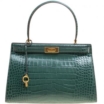 Pre Owned Tory Burch Green Croc Embossed Leather Lee Radziwill Satchel