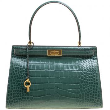 Pre Owned Tory Burch Green Croc Embossed Leather Lee Radziwill Satchel