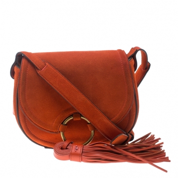 Pre Owned Tory Burch Orange Suede Mini Tassle Saddle Bag