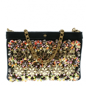 Pre Owned Tory Burch Black/Multicolor Leather and Sequin Floral Embellished Clutch