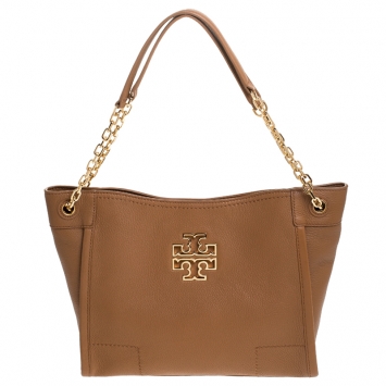 Pre Owned Tory Burch Tan Leather Small Britten Slouchy Tote