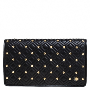 Pre Owned Tory Burch Black Leather Fleming Stud Clutch