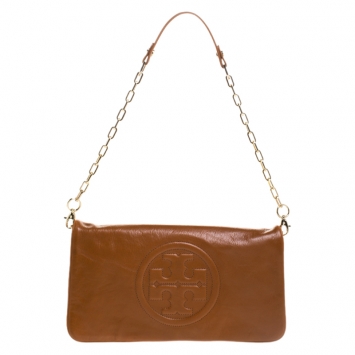 Pre Owned Tory Burch Brown Leather Bombe Reva Clutch