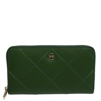 Pre Owned Tory Burch Green Leather Ultra Stitched Robinson Zip Around Wallet