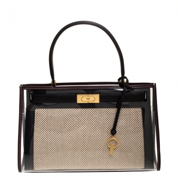 Pre Owned Tory Burch Black/Beige Leather and Canvas Lee Radziwill Top Handle Bag with Rain Cover