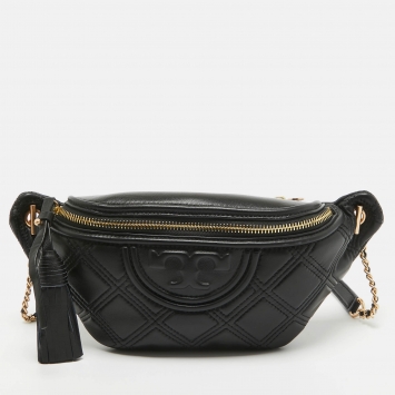 Pre Owned Tory Burch Black Leather Soft Fleming Belt Bag