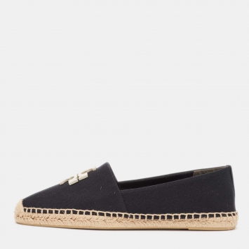 Pre Owned Tory Burch Black/White Canvas Slip On Espadrille Flats Size 41