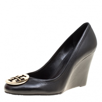 Pre Owned Tory Burch Black Leather Sally Wedge Pumps Size 40