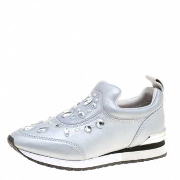 Pre Owned Tory Burch Metallic Silver Leather Laney Crystal Embellished Slip On Sneakers Size 36