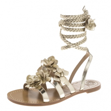 Pre Owned Tory Burch Light Gold Leather Blossom Floral Embellished Gladiator Sandals Size 39