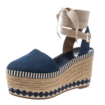 Pre Owned Tory Burch Blue Denim Dandy Ankle Wrap Espadrille Wedge Sandals Size 36.5