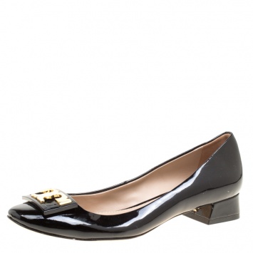 Pre Owned Tory Burch Black Patent Leather Gigi Block Heel Pumps Size 35.5