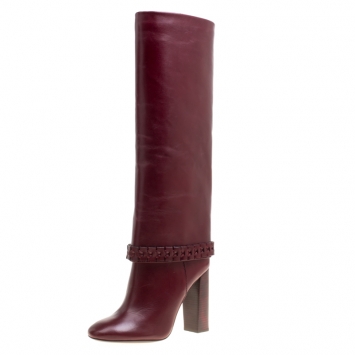 Pre Owned Tory Burch Burgundy Leather Sarava Braid Detail Knee Boots Size 37