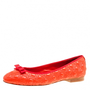 Pre Owned Tory Burch Orange Quilted Leather Ballet Flats Size 37
