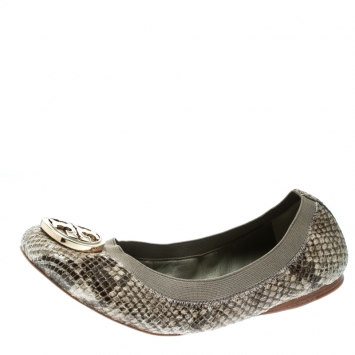 Pre Owned Tory Burch Green/Grey Embossed Snakeskin Leather Caroline Ballet Flats Size 38.5