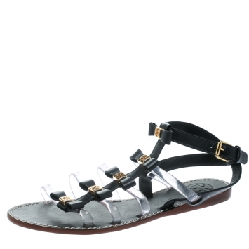 Pre Owned Tory Burch Black Leather and PVC Kira Bow Detail Flat Sandals Size 38