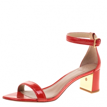 Pre Owned Tory Burch Red Patent Leather Cecile Block Heel Ankle Strap Sandals Size 40