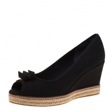 Pre Owned Tory Burch Black Canvas Jackie Espadrille Wedge Pumps Size 39.5