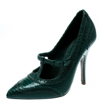Pre Owned Tory Burch Green Brogue Embossed Snakeskin Leather Everly Pointed Toe Pumps Size 38