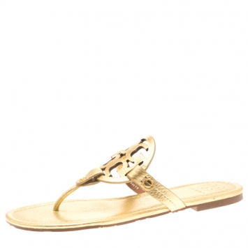 Pre Owned Tory Burch Metallic Gold Leather Miller Flat Thong Sandals Size 39.5