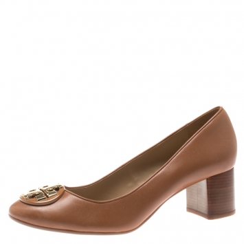 Pre Owned Tory Burch Tan Leather Janey Block Heel Pumps Size 39