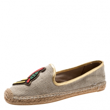 Pre Owned Tory Burch Beige Linen And Metallic Leather Trim Parrot Espadrilles Flats Size 40
