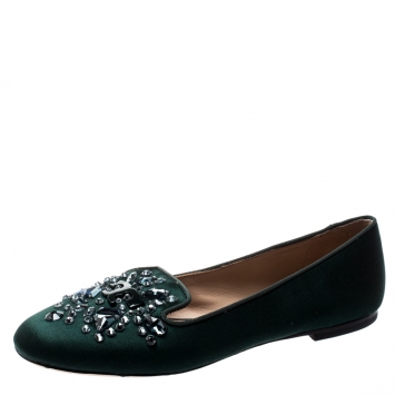 Pre Owned Tory Burch Green Satin Delphine Crystal Embellished Smoking Slippers Size 38