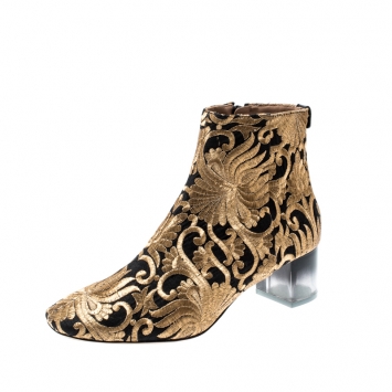 Pre Owned Tory Burch Metallic Gold Brocade Fabric Ankle Boots Size 39