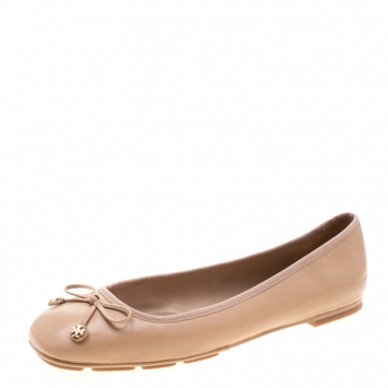 Pre Owned Tory Burch Beige Leather Laila Bow Detail Ballet Flats Size 39