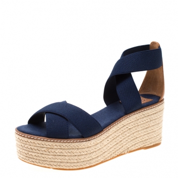 Pre Owned Tory Burch Royal Navy Stretch Fabric And Beige Leather Frieda Cross Strap Espadrille Platform Sandals Size 37.5
